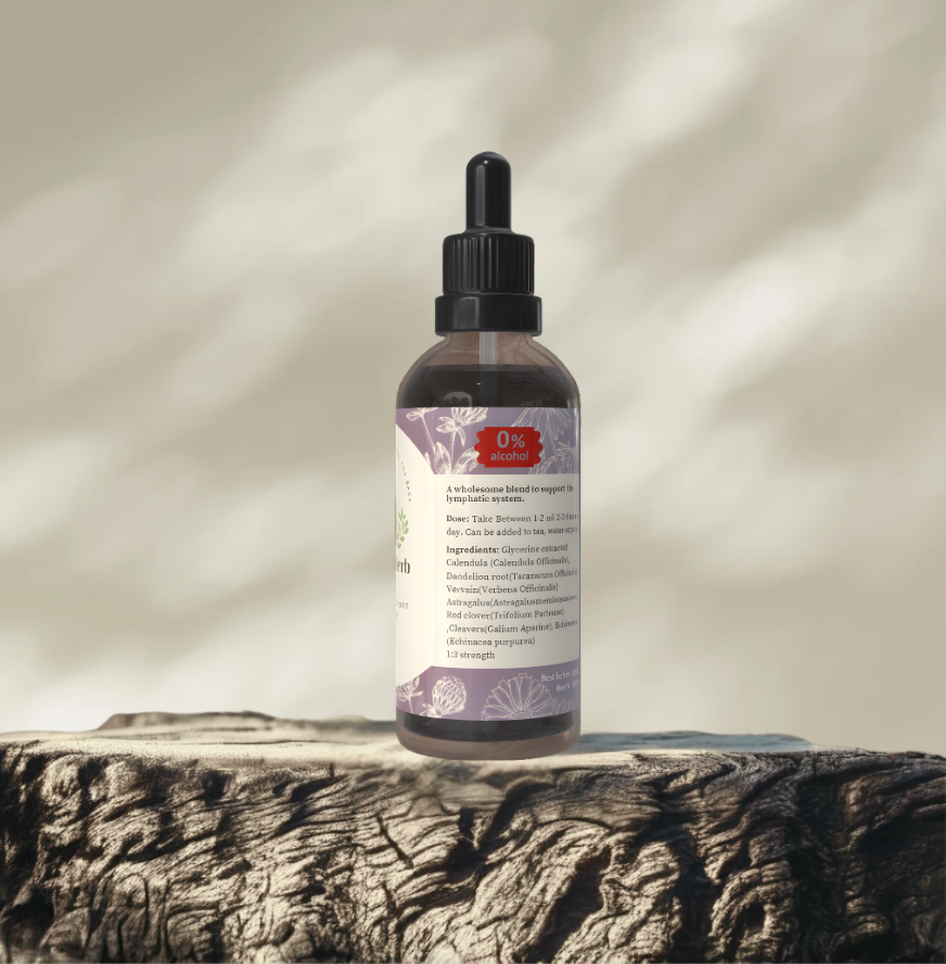 Alcohol free Lymph Support Tincture. Calendula , Burdock, Dandelion root, Vervain , Astragalus, Red clover,Cleavers. Echinacea.