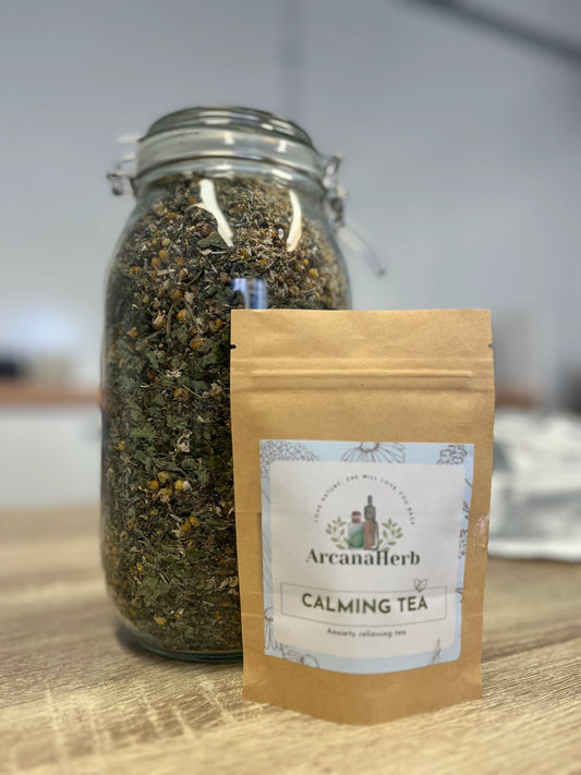 Calm Me Tea blend. Made with Organic ingredients Herbalist Crafted, Clinical grade. 25g, 50g, 100g. Damiana, motherwort, lavender, chamomile. Lemon balm.
